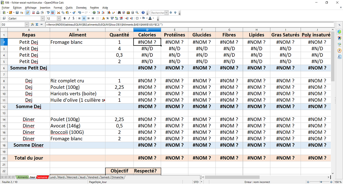 Besoin d'aide fichier excel (106) plan de repas et nutrition Excel Forum Formule Excel