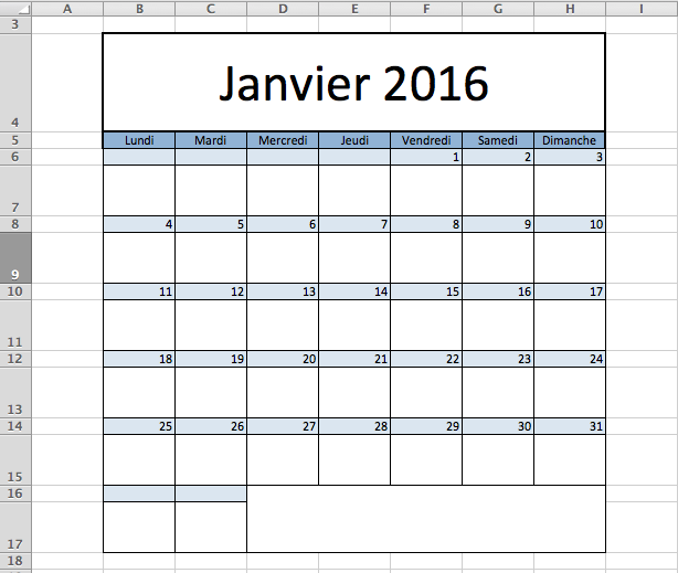 Exemple de calendrier sur Excel